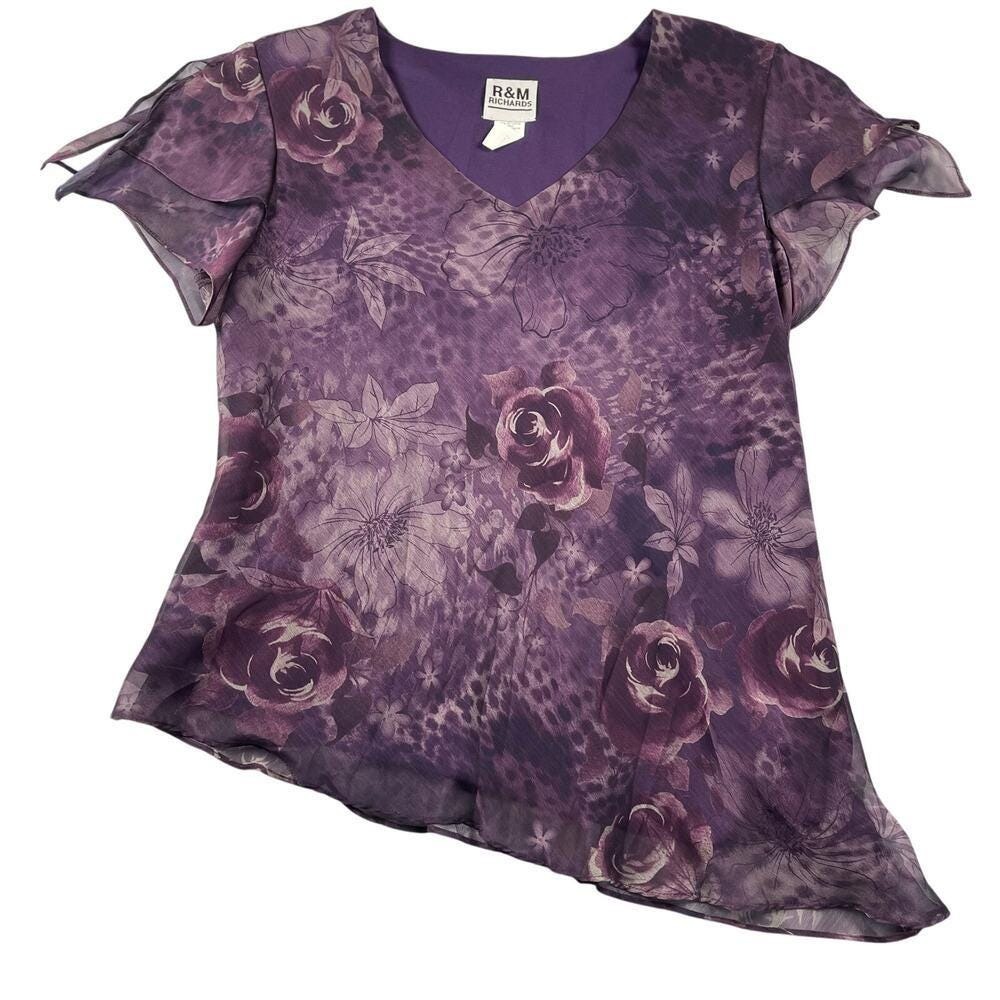 R&M Richards Blouse 14 Purple Chiffon Flutter Sleeve Asymmetric Vtg‎ Whimsigoth